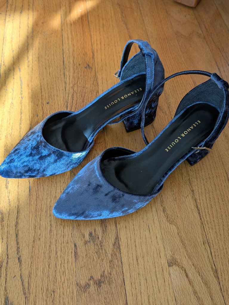 Blue Velvet Low Block Heels